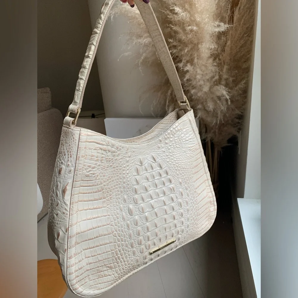 Brahmin Melbourne Vada Hobo Bag Leather Croc Embossed Cream Beige Spacious - Picture 3 of 14